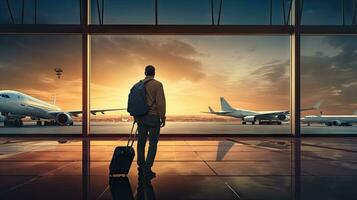 manlig turist står i flygplats och klockor flygplan flyga genom de fönster. foto