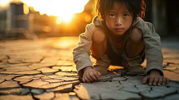 asiatisk barn levande i fattigdom och torka foto