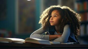 svart kvinna elementärt skola studerande Sammanträde ensam i de klassrum tänkande handla om läxa. där är en bok på de tabell foto