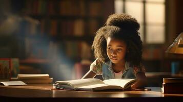svart kvinna elementärt skola studerande Sammanträde ensam i de klassrum tänkande handla om läxa. där är en bok på de tabell foto