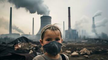 barn bär masker till förhindra luft förorening Bakom är de fabrik skorsten. foto