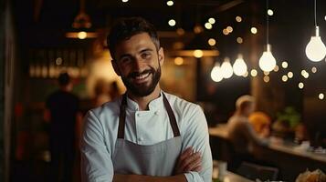 närbild skott av leende stilig ung italiensk-amerikansk kock i vit enhetlig, stående ser på kamera, Bakom restaurang, suddig mat. foto