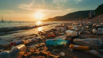 sopor på de kant av ett tömma och smutsig plast flaska stor stad strand miljö- förorening ekologisk problem foto