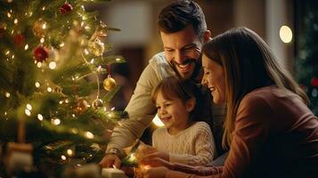 familj dekorera de jul träd foto