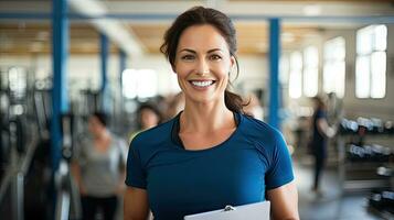 kvinna fysisk utbildning lärare innehar en leende Gym mapp Bakom henne för studenter till träning. foto