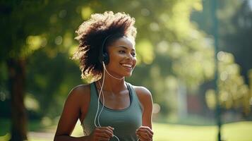 leende svart kvinna i sporter kläder löpning i en grön parkera njuter lyssnande till musik med trådlös hörlurar närbild foto