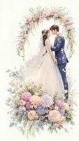 bröllop par med blomma vattenfärg bakgrund foto