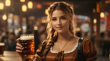 Lycklig bavarian kvinna innehav öl muggar på oktober fest foto