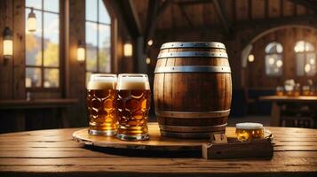 realistisk oktoberfest öl tunna med öl glasögon på trä- tabell foto