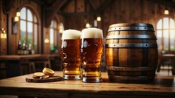 realistisk oktoberfest öl tunna med öl glasögon på trä- tabell foto