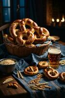 oktoberfest arrangemang med utsökt pretzel och öl festival foto