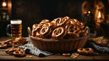 oktoberfest arrangemang med utsökt pretzel och öl festival foto