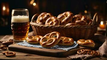 oktoberfest arrangemang med utsökt pretzel och öl festival foto