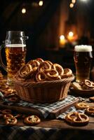 oktoberfest arrangemang med utsökt pretzel och öl festival foto
