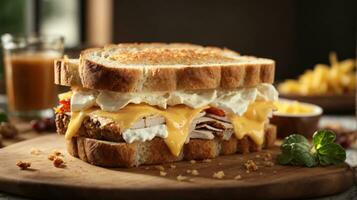 smörgås med blandad Ingredienser och franska frites på en trä- styrelse foto