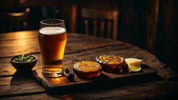 Foto av glas öl och snacks med flaska i bakgrund i bar