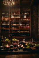 gott vin anordnad på tabell och de hylla i vin källare bakgrund foto