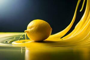 citron- frukt som droppande konst i en färgrik gul bakgrund foto