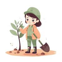 söt flicka plantering en små träd med en skyffel foto