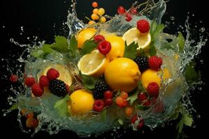de frukt av annorlunda olika sorter skivor faller ut av vatten foto