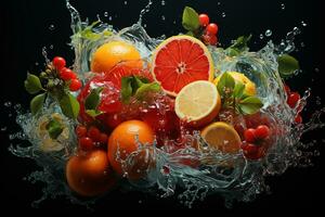 de frukt av annorlunda olika sorter skivor faller ut av vatten foto