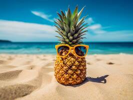 ananas stående på de strand bär solglasögon generativ ai foto