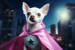 vit chihuahua hund i rosa superhjälte kostym generativ ai foto
