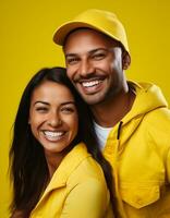 leende ung par bär gul kläder på gul bakgrund generativ ai foto