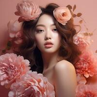 en flicka med blommor på persika Färg bakgrund generativ ai foto