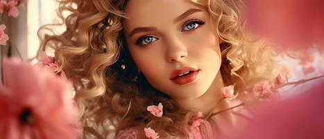 ansikte av en skön flicka med rosa blommor generativ ai foto