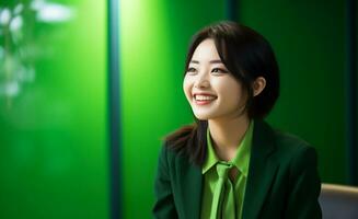 en ung japansk kontor lady leende i grön kontor trasa generativ ai foto