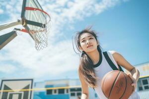 söt japansk kvinna basketboll spelare på domstol generativ ai foto