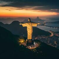 bred vinkel se av en staty av christ i Brasilien generativ ai foto