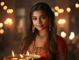 ung kvinna innehav diwali lampa på bokeh bakgrund generativ ai foto
