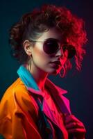 flicka bär solglasögon och Häftigt retro kläder på mörk bakgrund generativ ai foto