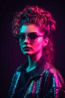 flicka bär solglasögon och Häftigt 80s stil kläder på mörk bakgrund generativ ai foto