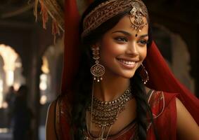 närbild av ett indisk flicka leende i röd lehnga Foto generativ ai