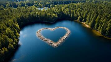 topp se av en hjärtformade sjö omgiven förbi träd generativ ai foto