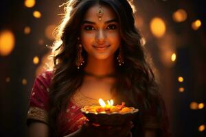 ung indisk lady innehav diwali lampa på bokeh bakgrund generativ ai foto