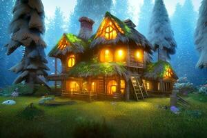 lysande hus i magisk skog, ai generativ foto