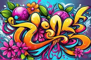 blomma graffiti tapet, graffiti bakgrund, blommig graffiti mönster, blomma graffiti bakgrund, blomma graffiti konst, blommig graffiti måla, ai generativ foto