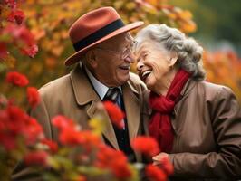 kärleksfull gammal par är njuter en romantisk höst dag ai generativ foto