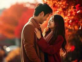 kärleksfull asiatisk par är njuter en romantisk höst dag ai generativ foto