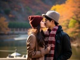 kärleksfull asiatisk par är njuter en romantisk höst dag ai generativ foto
