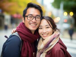 kärleksfull asiatisk par är njuter en romantisk höst dag ai generativ foto