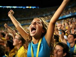 brasiliansk unge firar hans fotboll lag seger ai generativ foto