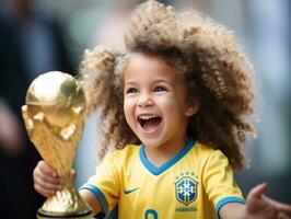 brasiliansk unge firar hans fotboll lag seger ai generativ foto