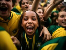 brasiliansk unge firar hans fotboll lag seger ai generativ foto