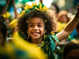 brasiliansk unge firar hans fotboll lag seger ai generativ foto