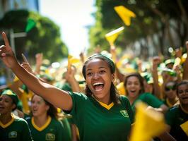 brasiliansk kvinna firar henne fotboll lag seger ai generativ foto